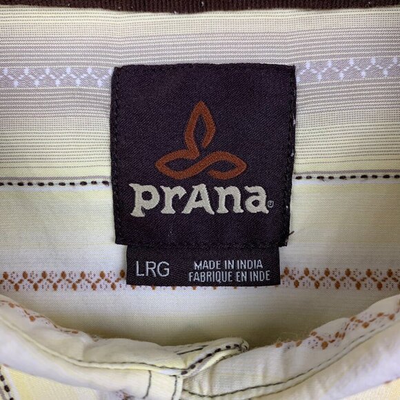Prana Mens Shirt Large Yellow Vertical Striped Pearl Snap Button Up Southwestern - Picture 5 of 10
